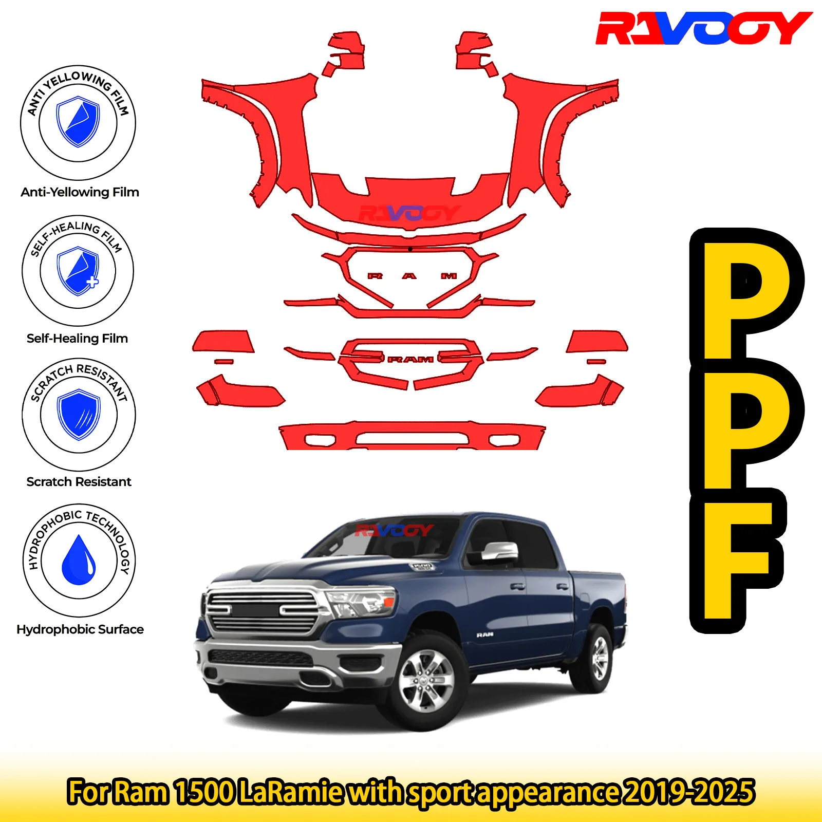 

Для Ram 1500 LaRamie со спортивным внешним видом 2019-2025, глянцевая матовая черная предварительно вырезанная передняя пленка PPF, комплект защиты от краски