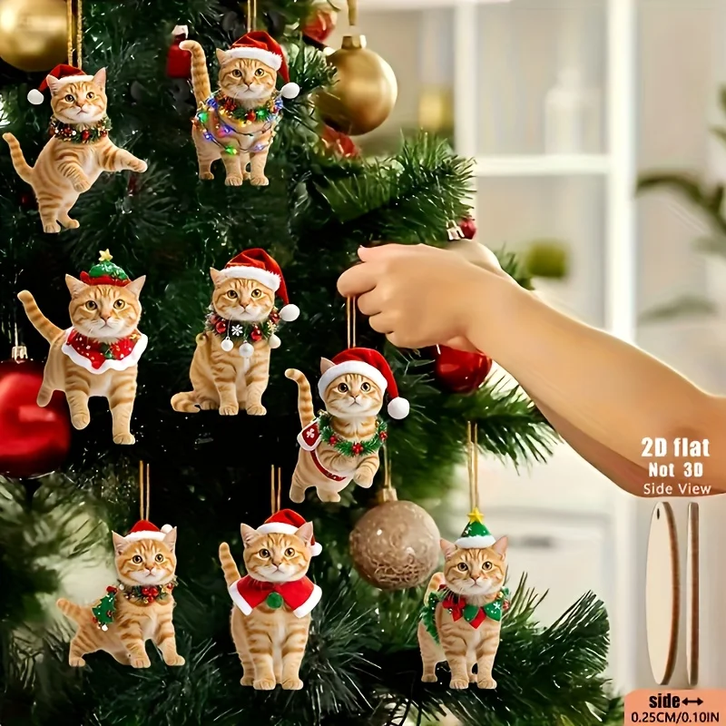 8 Stück Ginge-Katzen-Ornamente für den Weihnachtsbaum, 2D-Holzanhänger, niedliche Weihnachts-Tierornamente für Zuhause, Kamin, Garten, Arbeitsplatz
