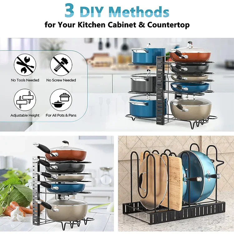 Adjustable Tier Pot Rack with 3 DIY Methods Pot Organizer for Kitchen Organizers and Storage Pot Lid Organizer