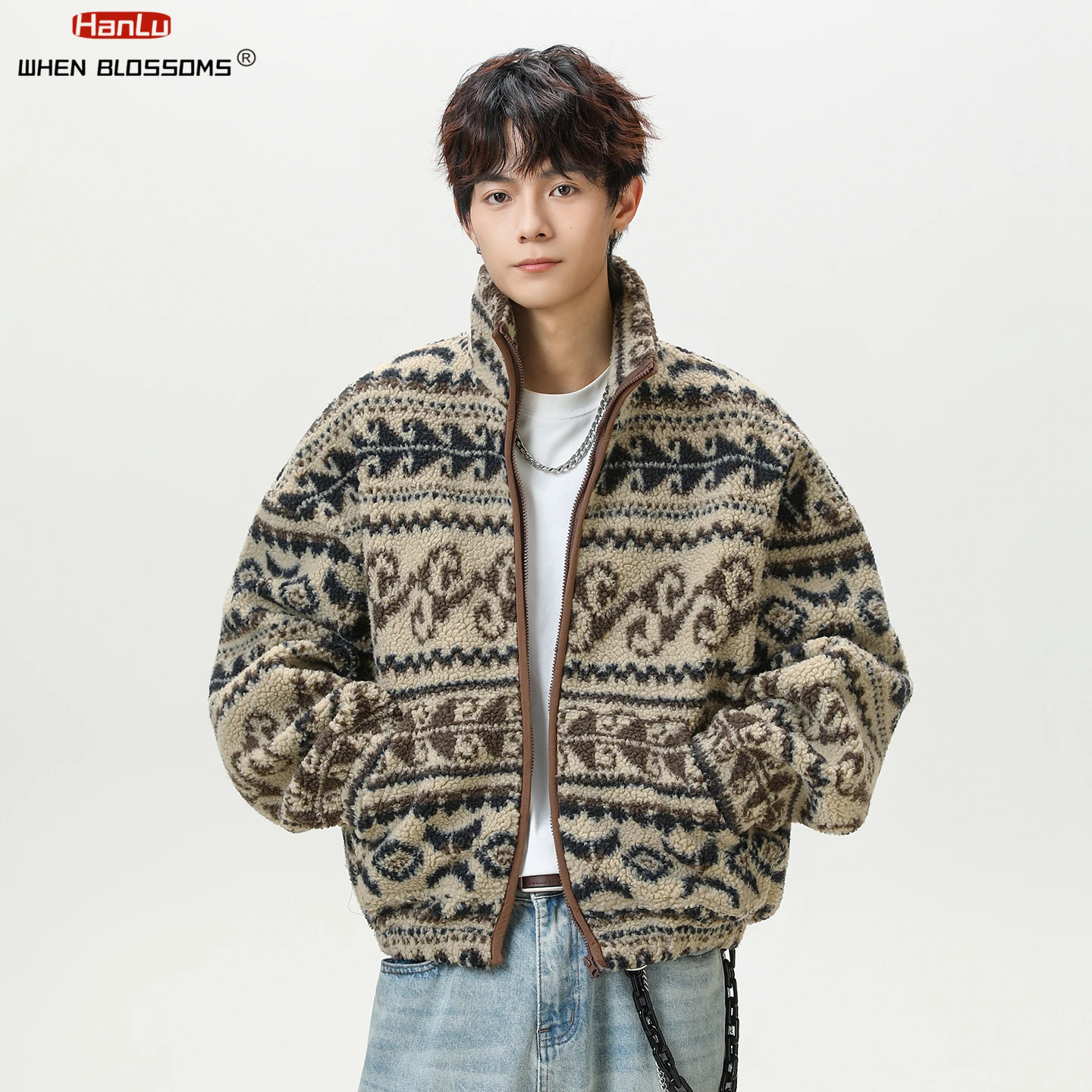 

2025 Men's Ethnic Jacquard Fleece Jacket Stand Collar Cardigan Short Box Fit Cozy Streetwear Winter Warm Outerwear