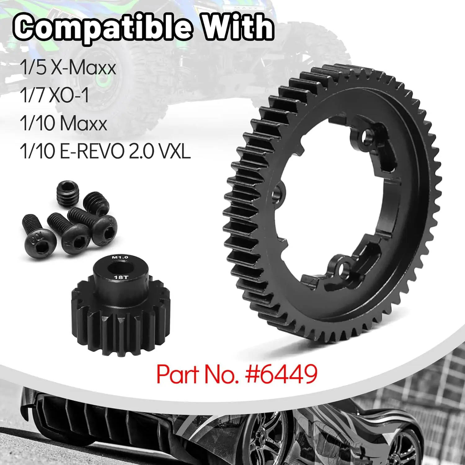 54T 1 Mod Steel Spur Gear with 18T Pinion Gear for Traxxas 1/5 X-Maxx 1/7 XO-1 1/10 Maxx/E-Revo 2.0 VXL Replace Stock Part #6449