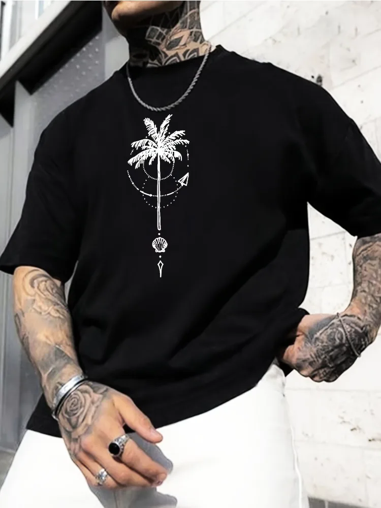 Men Summer Cotton Short Sleeve T Shirt Vertical Palm Tree Shell Paper Plane Compass Print Crew Neck Beach Casual Male Tee