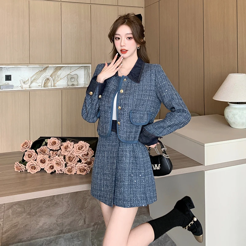 New Fall Winter Blue Tweed Skirt Suits Women Single Breasted Denim Patchwork Short Jacket Coat + Mini Skirt Sweet Two Piece Set