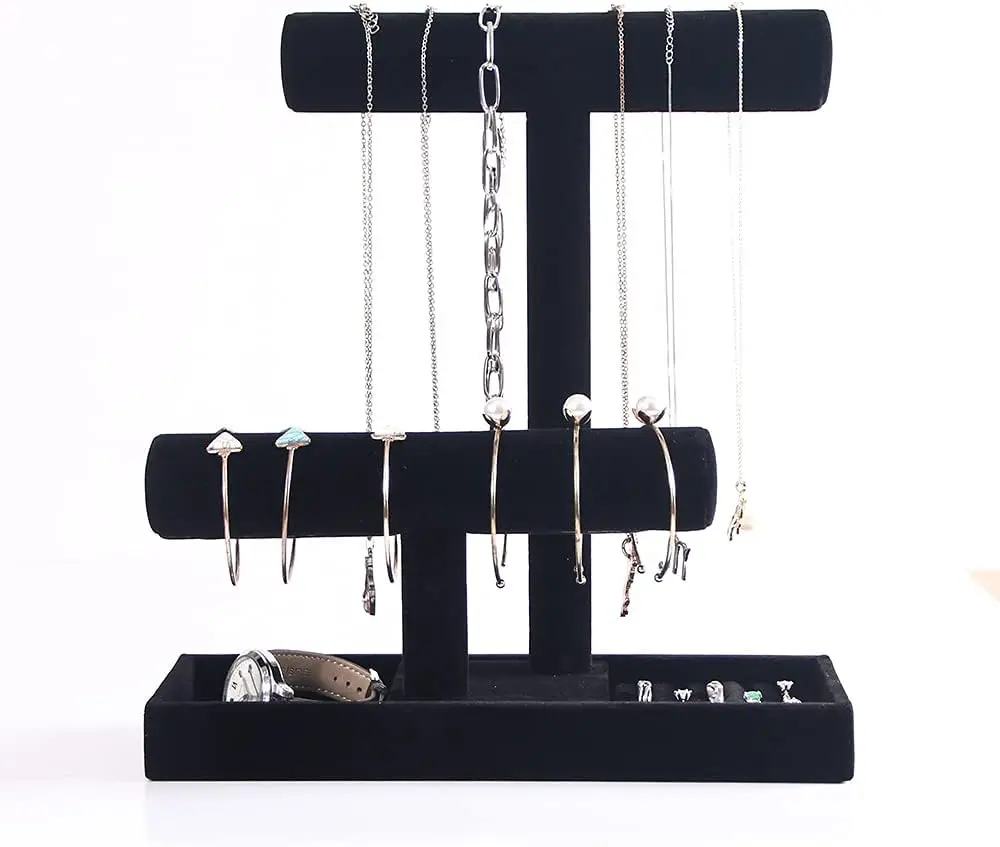 

2-Tier Necklace & Bracelet Holder with Ring Tray, Black Jewelry Organizer Stand