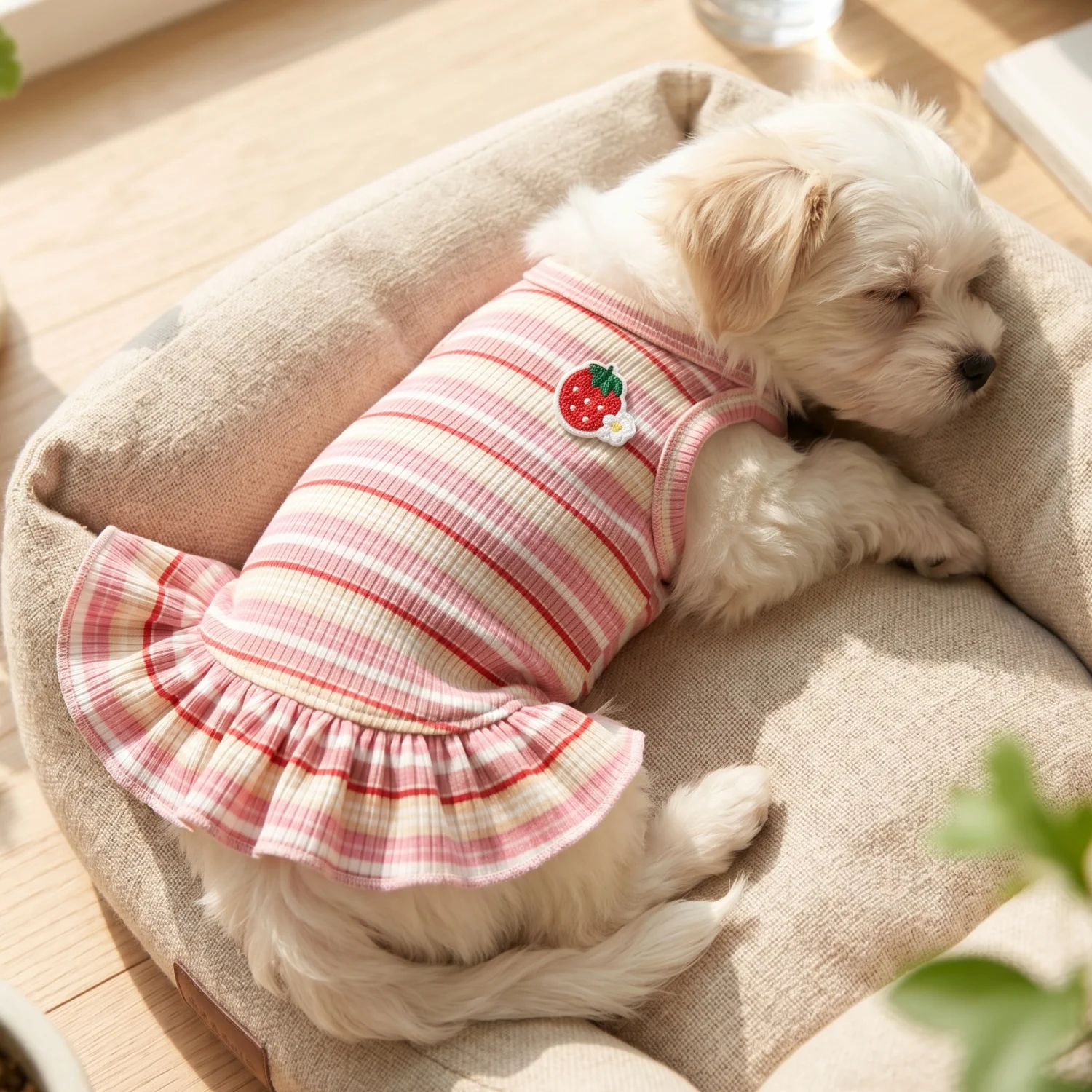 1pc Cute Strawberry Patch Striped Pet Dress Ruffle Hem Sleeveless Dog Vest Dress Spring Summer Soft Ribbed Knit Breathable Cat Apparel Outfit for Small Medium Dogs Cats Puppy Kitten Yorkie Maltese
