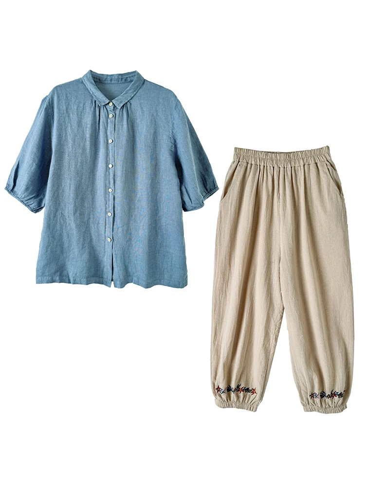 Faionable coton lin ensemble ort Sve boutonné brodé Harlan pantalon ample décontracté deux pièces ensemble âge 25-35 vêtements d'été
