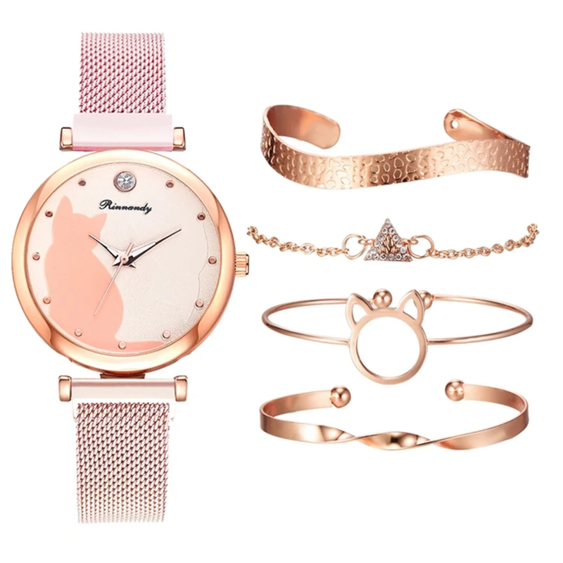 5Pcs Women Watch Set Quartz Wristwatch Mesh Bracelet Cat Dial Luxury Women Watch Casual Ladies Clock With Bracelet Set