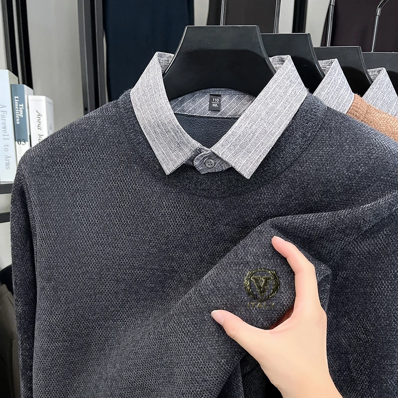 Vendite calde Maglione lavorato a maglia da uomo di alta qualità Colletto della camicia Stampa a V Pullover addensato Moda business britannica Abbigliamento invernale caldo da uomo