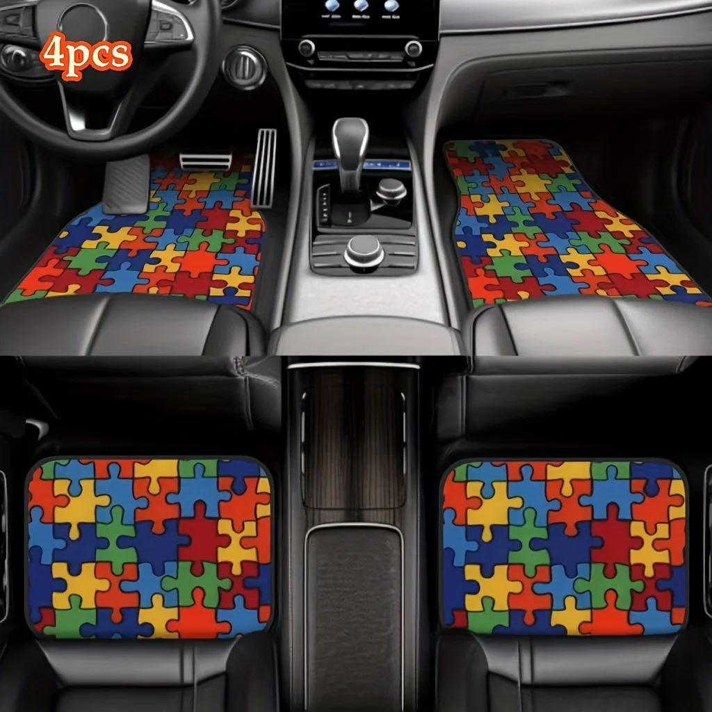 Set Of 4 Puzzle Game Car Mat Designs - Universal Fit For Honda, For Tesla, Trucks, Suvs, Sedans - Durable Polyester Car Interior