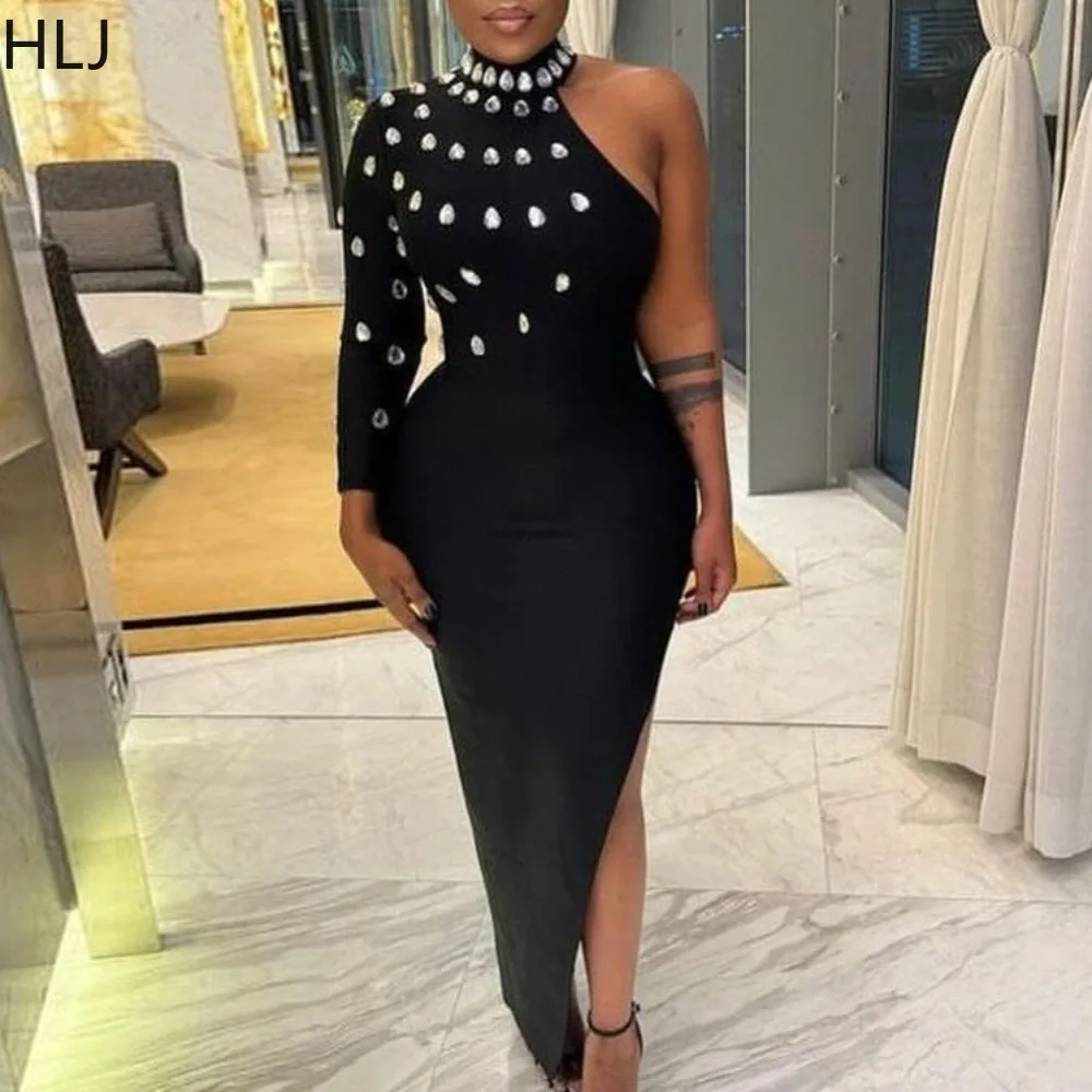 

HLJ Black Fashion Rhinestone High Slit Evening Party Dresses Women One Shoulder Long Sleeve Slim Vestidos Female Clothing 2024