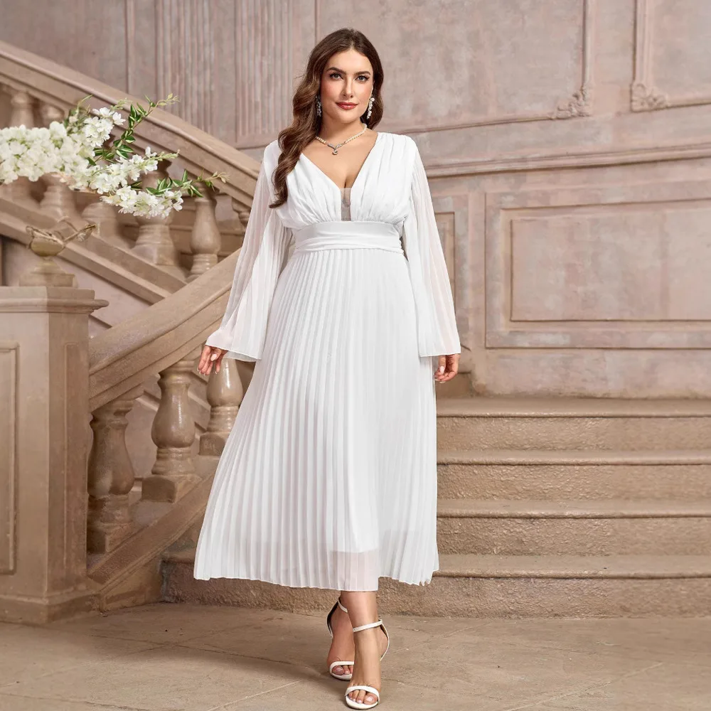 Large Size Dress Women's New Sexy Pleated V-neck Long Sleeved Chiffon Halter Neck Solid Color Fashion Casual Plus Size Dress