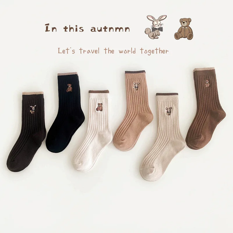 3 Pairs/lot Children Cotton Socks Kawaii Bear Bunny Embroidery  Boys Girls Tube Socks Autumn Winter Warm Casual Kids Socks 1-10y