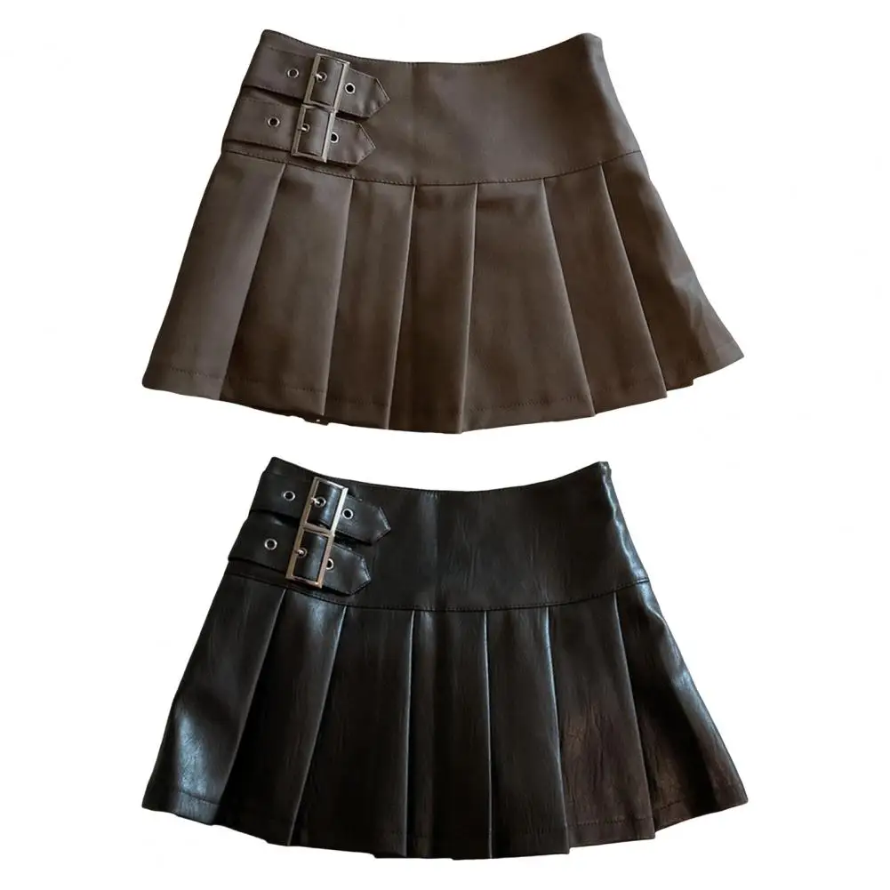 

High Waist Skirt Streetwear Imitation Leather Mini Skirt with Belt Detail High Waist A-line Pleated Short Skirt for Women Summer