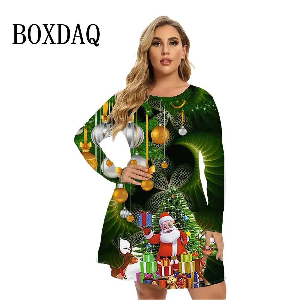 2024 Herfst Winter Lange Mouw Kerstfeestjurken Vrouwen Schattige Kerstman Claus A-Lijn Jurk Casual Losse Plus Size Kleding 9xl