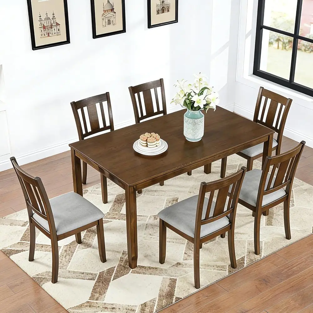 

7-Piece Dining Set with 6 Upholstered Chairs, Wooden Rectangular Table, Walnut Finish, Space-Saving 58.5 for Dining Room or Rest