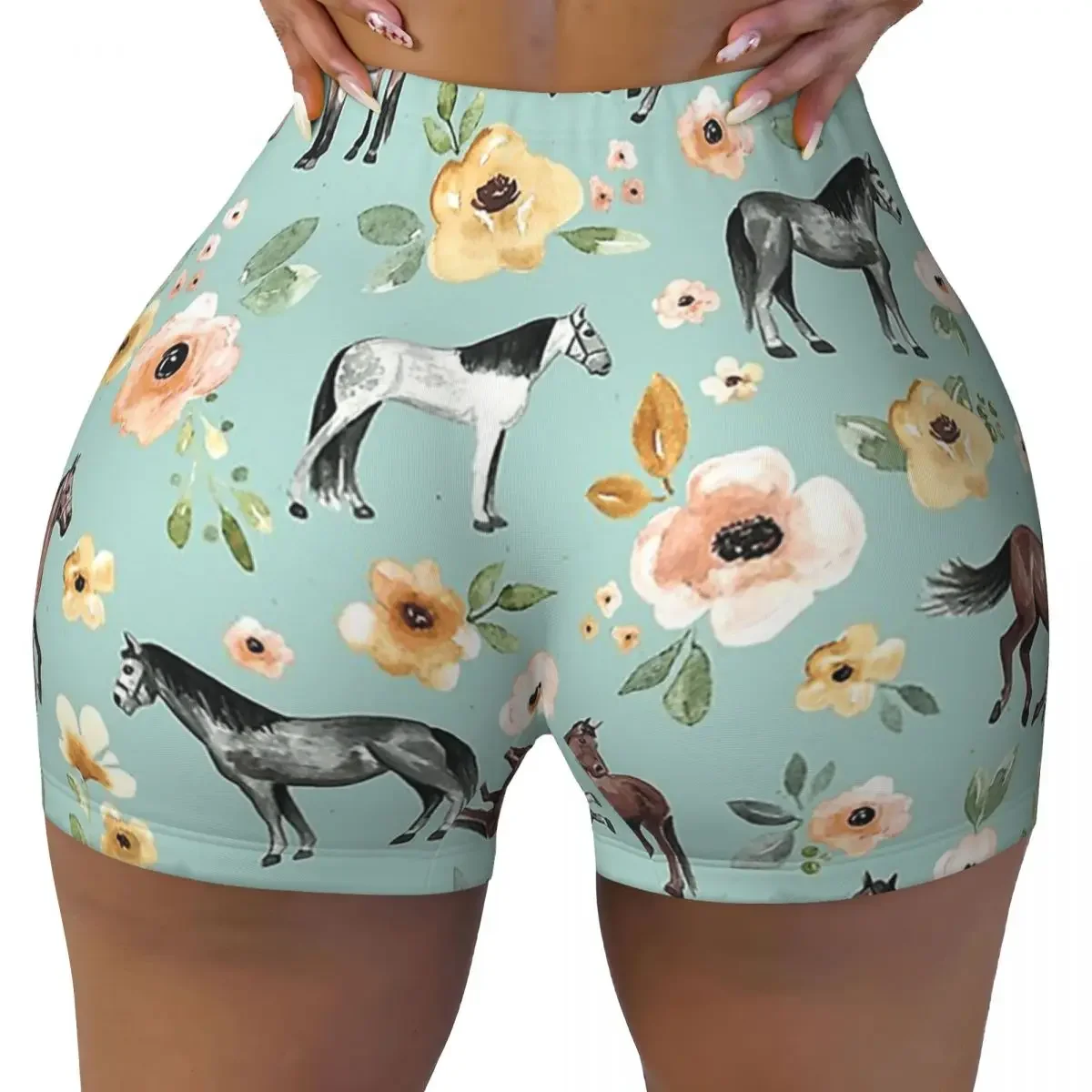 Custom Horses With Flowers, Sunrise Floral, Blue, Horse Decor Women Gym Workout Running Shorts Athletic Biker Yoga Shorts