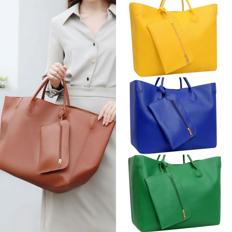 Cow Patterned Tote Bag with Matching Purse,Solid Color Bag Set with Mini Detachable Wallet,Simple Large Capacity Women's Handbag
