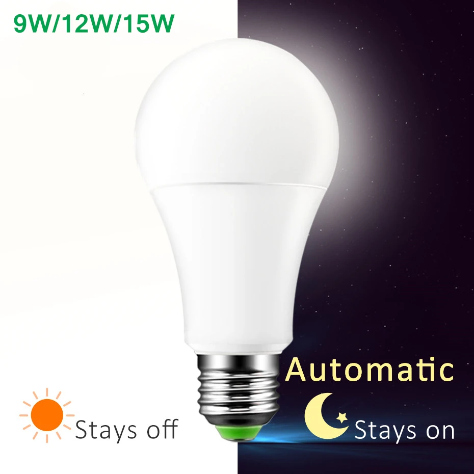 

Светодиодная лампа от сумерения до рассвета 9Вт 12Вт 15Вт E27 ​ Датчик освещенности, теплый белый, переменный ток 110 В, 220 В, 85-265 В, дневной ночник, автоматическое включение/выключение, светодиодная умная лампа