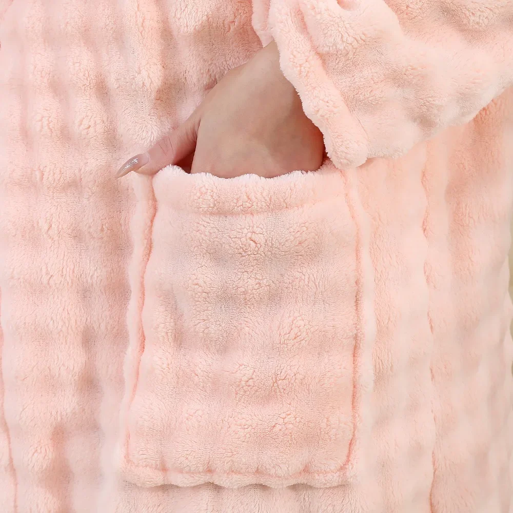 Soft Absorbent Antibacterial Bubble Plush Long Sleeve Womens Bathrobe With Belt Adult Wearable Home Bath Wrap
