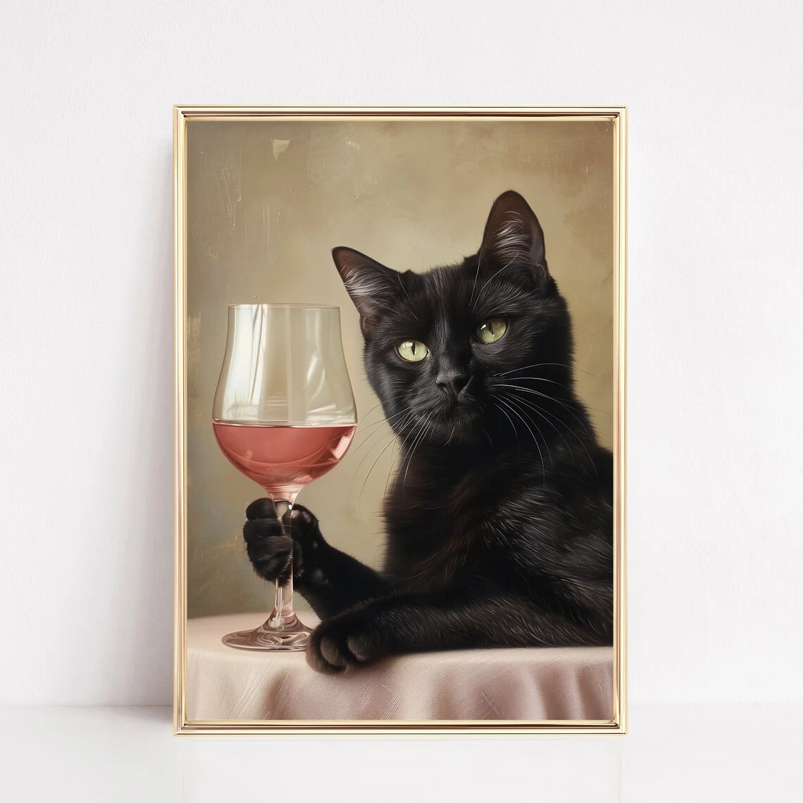 Black Cat with Glass of Wine Pink Print Animal Preppy Poster Painting Modern Boho Wall Art Girly Dorm Tween Teen Room Decor Fram