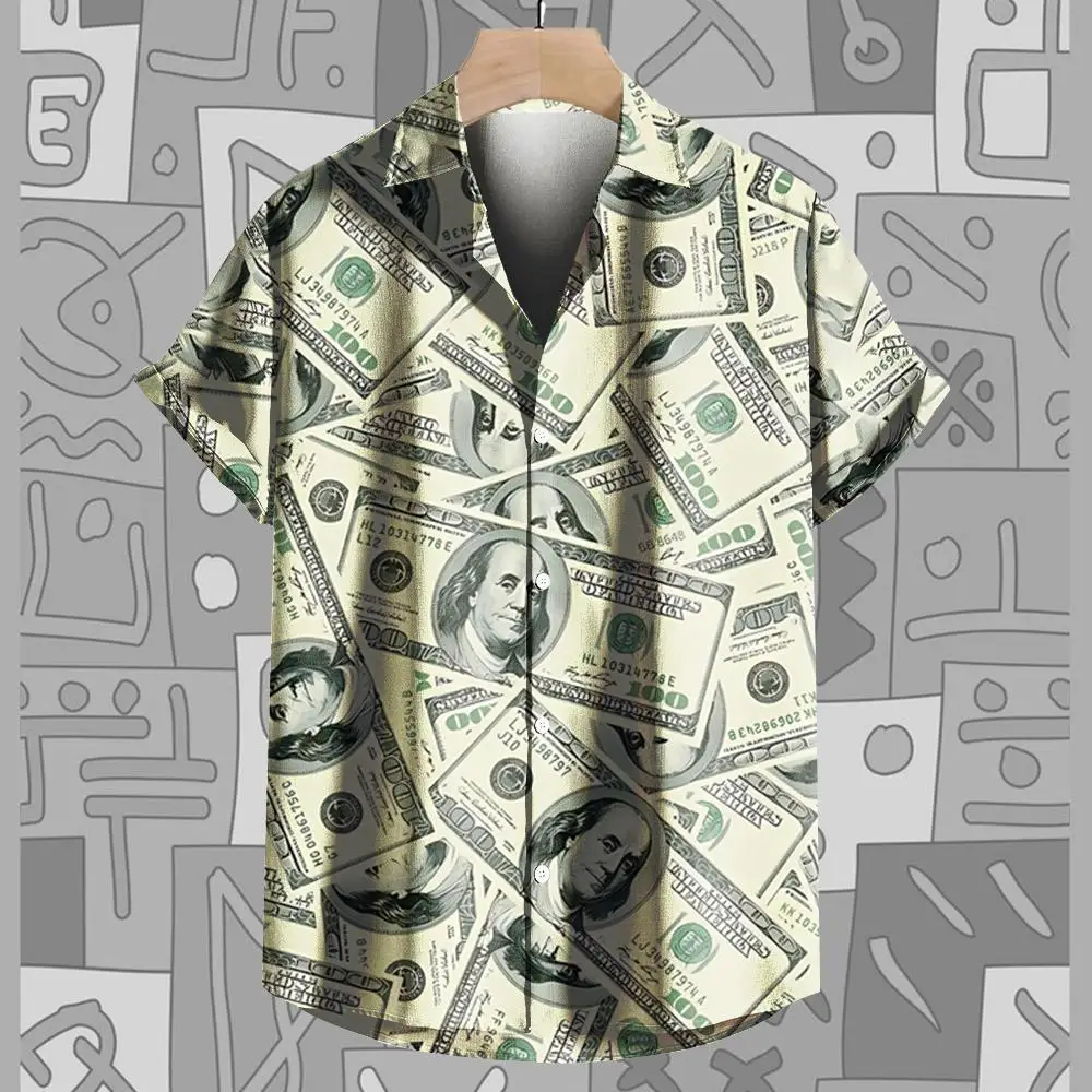 Camisa casual de manga curta masculina, Impressão 3D, Dólares novos americanos, Camiseta de lapela, moda vintage, verão