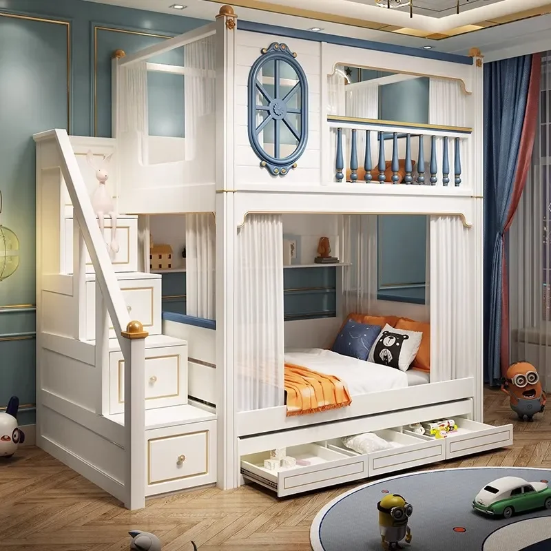Pink White Bunk Bed for Kids Mother Child Double Loft Frame American Style Princess Bedroom Furniture