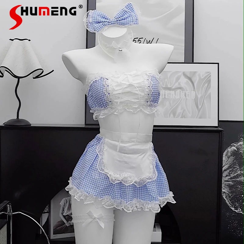 

Милое чистое кружево, милый пижамный комплект в стиле Лолиты, женский синий клетчатый костюм без бретелек с короткой юбкой, женское нижнее белье в стиле принцессы для сна