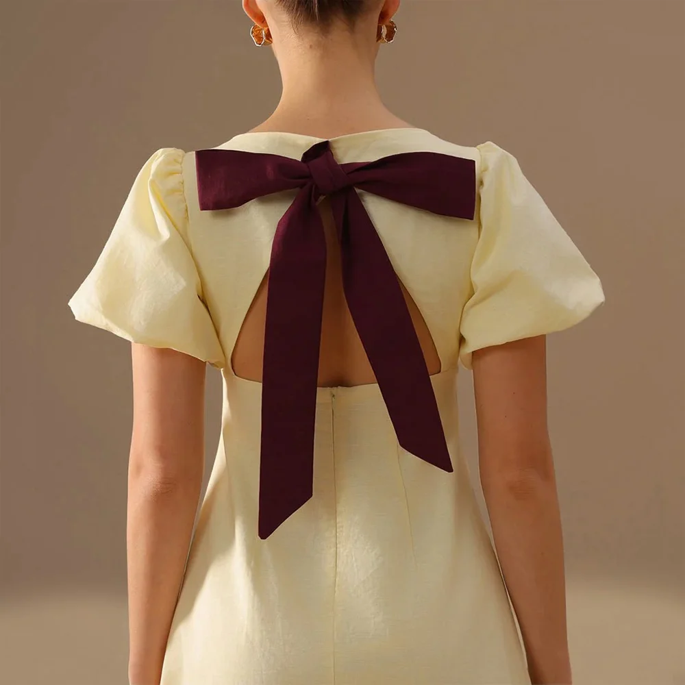 Customize Boat Neck Dress with Puff Sleeves and Back Bow Evening Dresses Formal Exquisite High Quality Prom Party Gown for Women