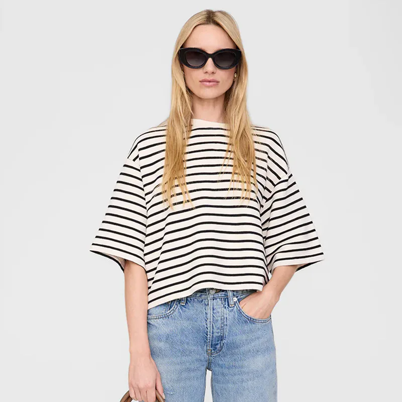 

Summer New North American Niche AB Front Embroidery Framed Letter Striped Terry Women's Loose Short-sleeved T-shirt