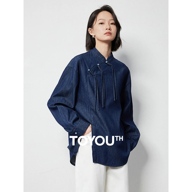 TOYOUTH Women Blouse Shirt 2024 Autumn New Chinese Style Stand Collar Pan Button Denim Long Sleeve Pullover Blouse Shirts Tops