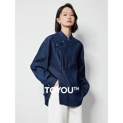 TOYOUTH Women Blouse Shirt 2024 Autumn New Chinese Style Stand Collar Pan Button Denim Long Sleeve Pullover Blouse Shirts Tops