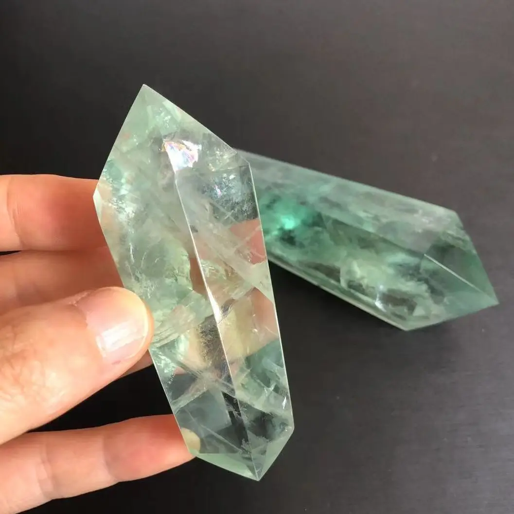 Natural Crystal Double Pointed Green Fluorite Healing Stone Green Quartz Room Decor Reiki Polished Obelisk Carved Crafts