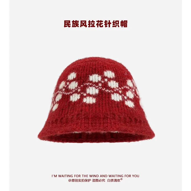 

Retro Ethnic Style Jacquard Knitted Bucket Hats Women Autumn and Winter Travel Leisure Warm Ear Protection Versatile Men's Cap