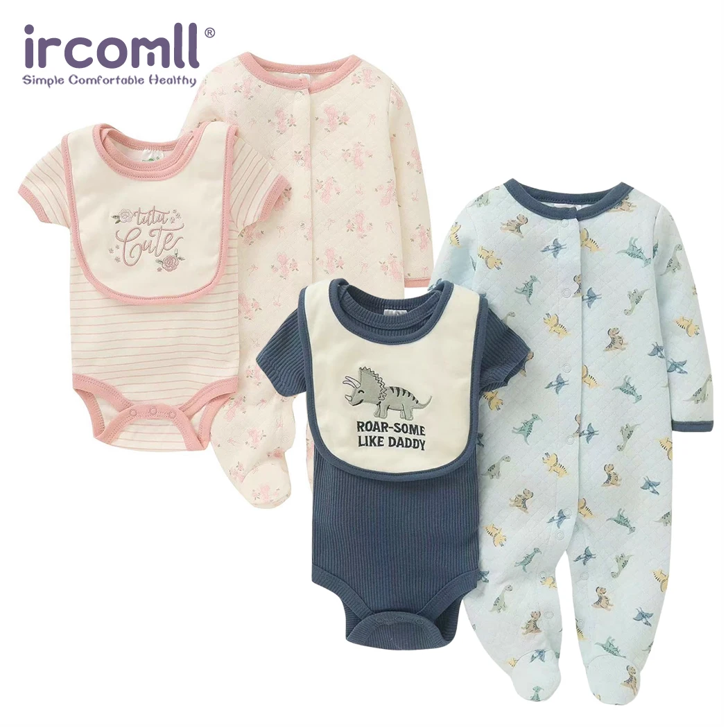 Ircomll 3pcs Spring Baby Girls Clothes Set Cotton Cartoon Bib+Footed Romper+Short Bodysuit Infant Boy Outfit Toddler Suit 0-9M
