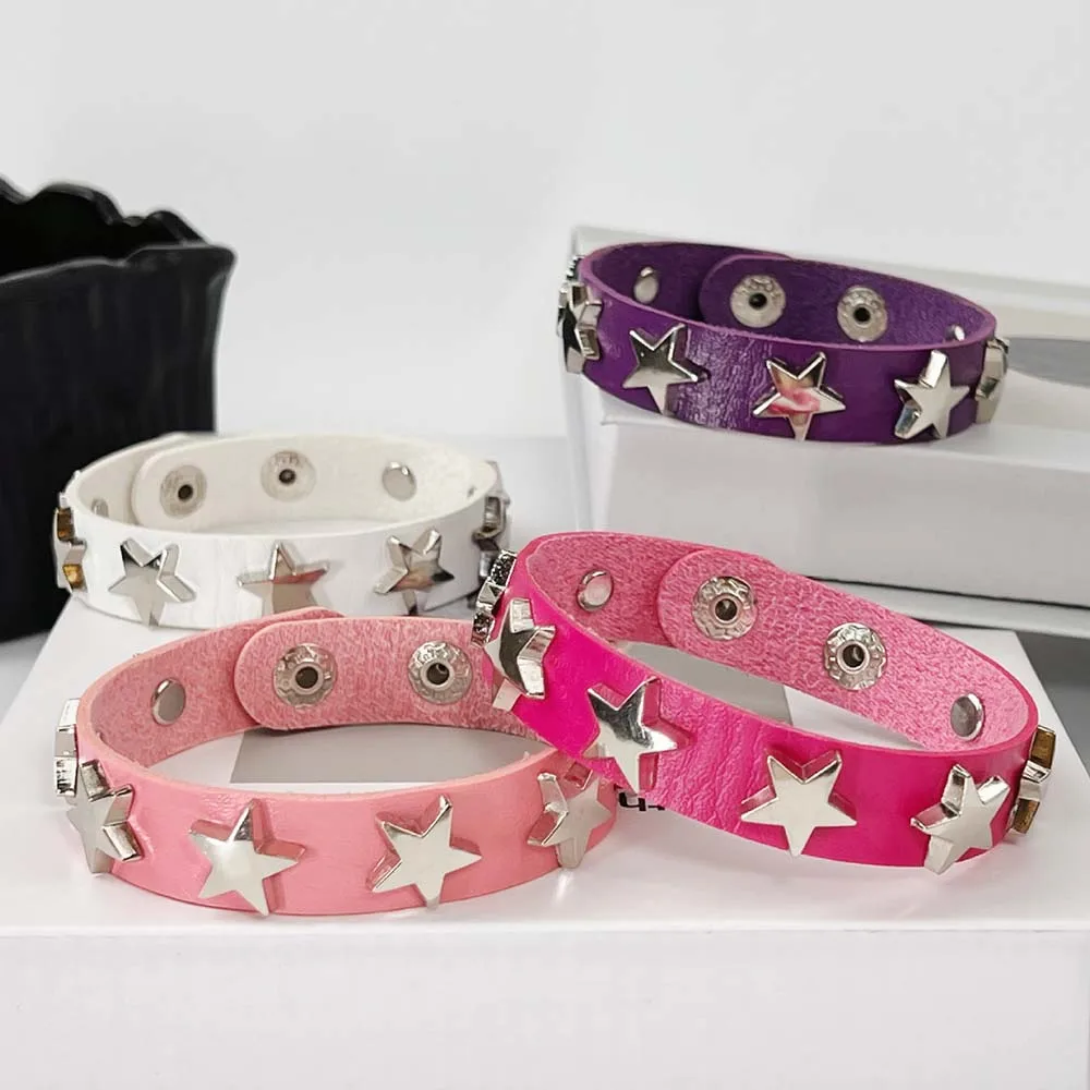 Y2K Edgy Star Spiked PU Leather Bracelet Gothic Punk Pentacle Star Cuff Braclets Wristwear for Women Men Statement Hand Jewelry