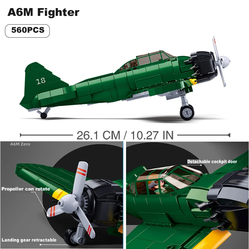 560PCS WW2 Pacific Storm Military Weapons A6M Fighter Pirate Building Blocks Model Army Bricks Plane Soldier Toys For Kids Gift