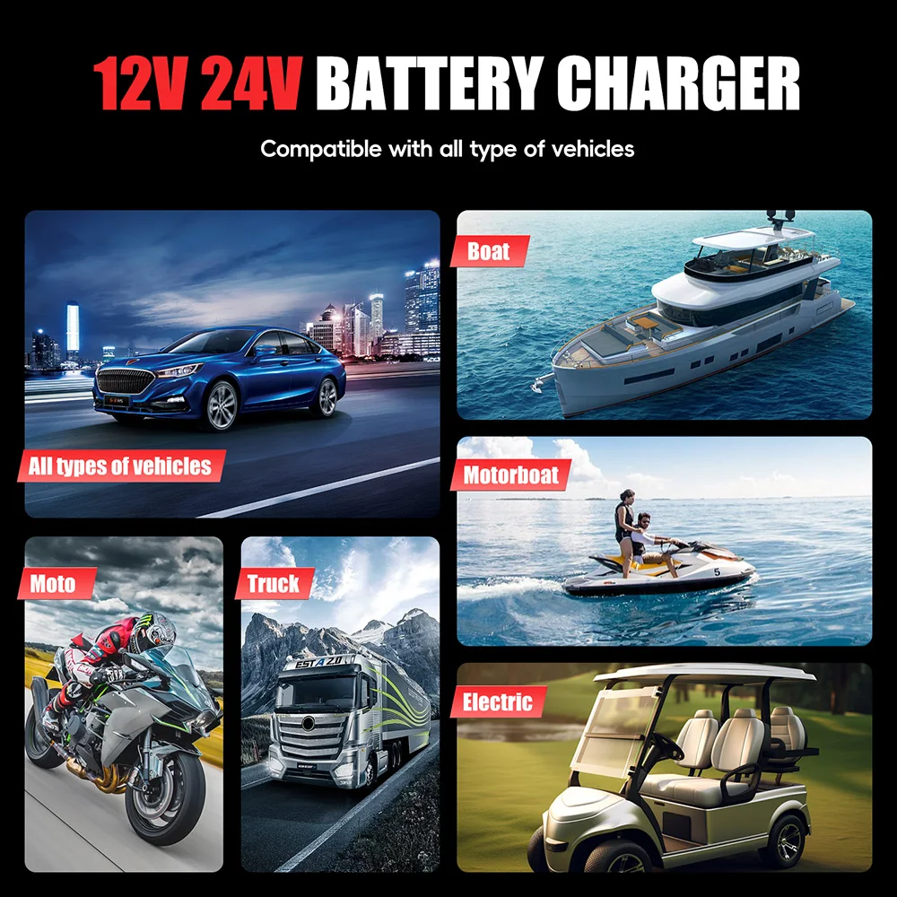 12V 24V FOXSUR Smart Battery Charger FPT200 FPT100 for Car Moto Truck Battery Repair Lead-Acid AGM GEL LiFePo4 Battery Chargers