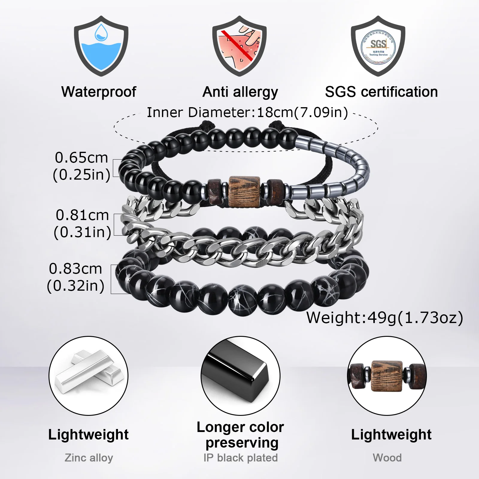 أزياء ثلاث قطع مجموعة سوار مطرز للرجال، متعدد الطبقات تكويم سلسلة معدنية سوار معصمه، الهيب هوب مجوهرات بسيطة #6