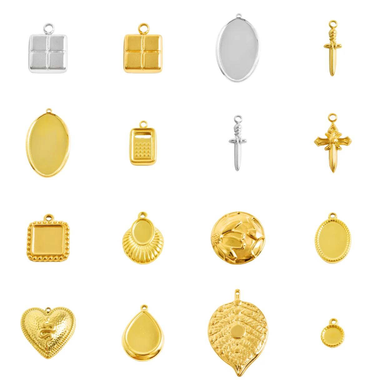 Fashion 5pcs/lot Gold Plated Stainless Steel Gift Sword Cross Calculator Leaves Setting Pendants DIY Jewelry Findings Necklaces