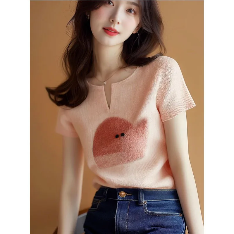 Boweylun Summer Pink Short-Sleeve Knit Women Printed Casual Positive Shoulder T-Shirt Tops Girls