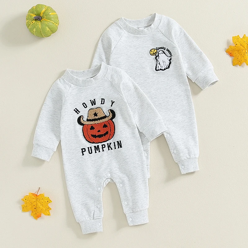 

0-18M Baby Boy Halloween Sweatshirt Romper Casual Pumpkin/Ghost Embroidery Long Sleeve Jumpsuit for Infant Toddler Fall Outfit