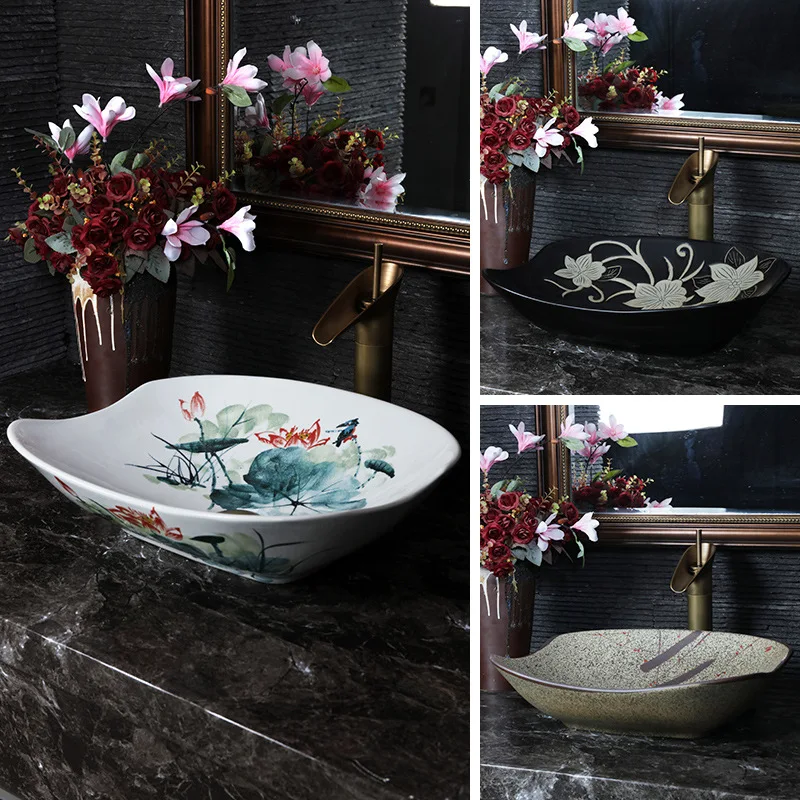 

Table Basin Wash Basin Household Single Basin Ceramic Washbasin Balcony Hand Painted Basin Chinese Style Wash Basin