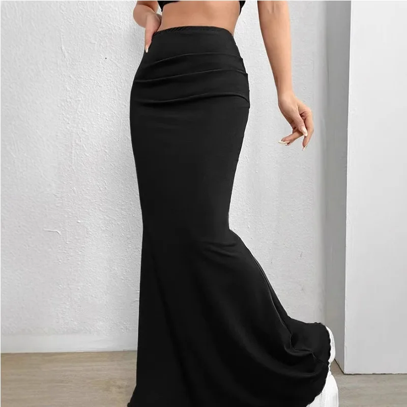 Solid Bodycon Ruched Long Skirt Women Sexy Black Elastic Elegant High Waist Mermaid Maxi Skirts Summer Streetwear