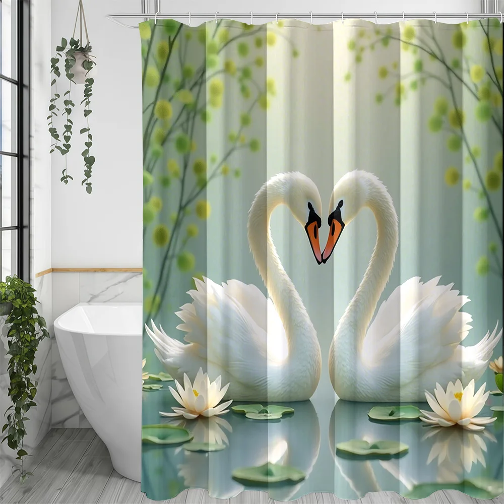 Cortina de ducha elegante con diseño de cisne y loto, impermeable, decoración tropical para baño, cortina de spa, diseño romántico para el hogar, cortina estética