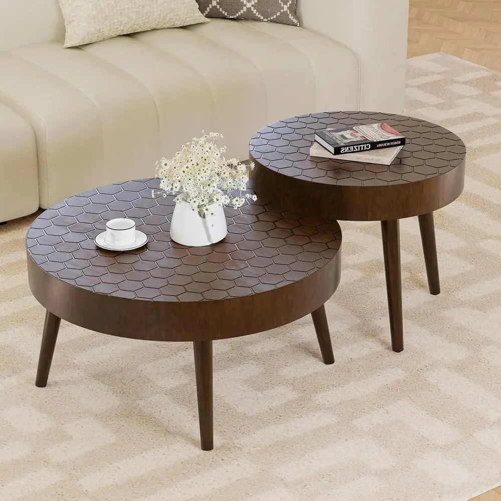

Round Coffee Table Set with Honeycomb Tabletop, Easy Assembly, Brown for Living Room
