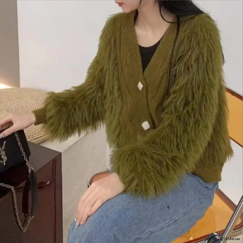 

Imitation Mink Wool Spliced Sweater Cardigan Women Autumn Winter New Thickened Loose Relaxed V-neck Knitted Shirt Coat Trend