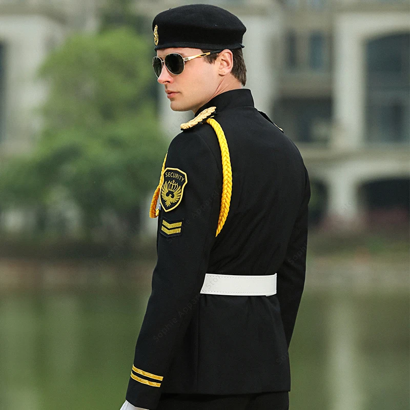 警備員制服男性プロパティドアマンダブルブレストマンダリンカラーブラックコンシェルジュジャケットパンツ帽子リボンアクセサリー