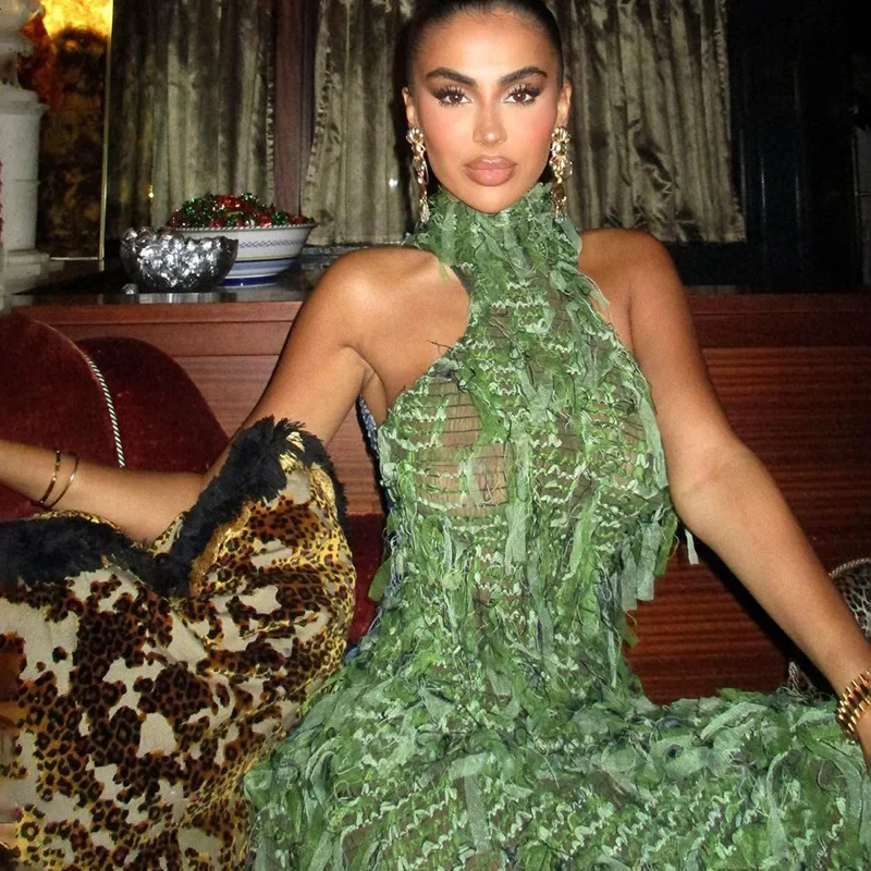 Sexy Quaste Durchsichtiges Patchwork Langes Kleid Damen Neckholder Rückenfrei Ärmellos Unregelmäßig Olivgrün Kleider Abschlussball Party Gala Neu