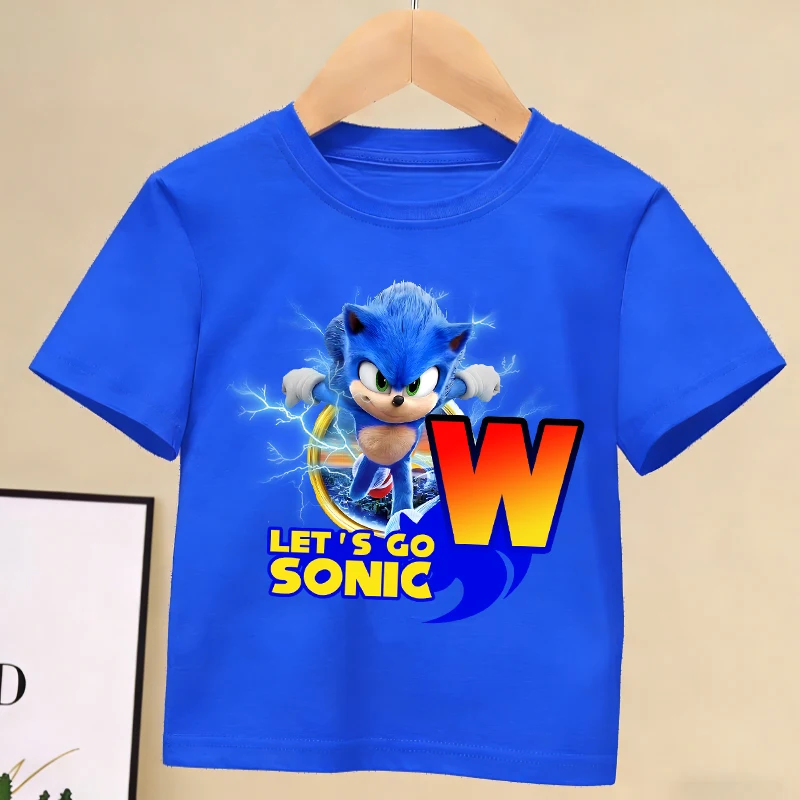 Camiseta azul Sonics para niños, camiseta con letras de la A a la Z, ropa con cuello redondo, ropa de manga corta para niños y niñas, ropa de Anime para niños, regalo