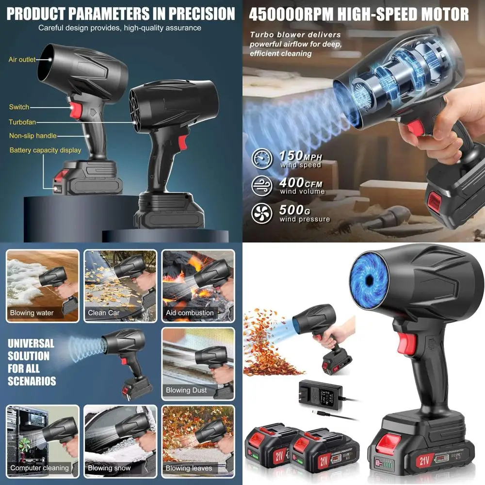 

High-Speed 450000RPM Lightweight Dust Blower with 2 Batteries, Adjustable for Lawn, Garage, and Car Cleaning
